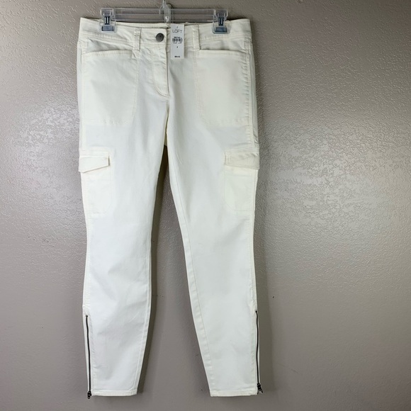LOFT Ivory Marisa Skinny Ankle Utility Zipper Pants Size 2 Comfy Cotton Blend - Picture 2 of 8